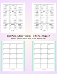 2025 and 2026 yearly overview calendars with matching undated monthly planner layouts shown below, featuring soft gradient design and spacious boxes for flexible scheduling.
