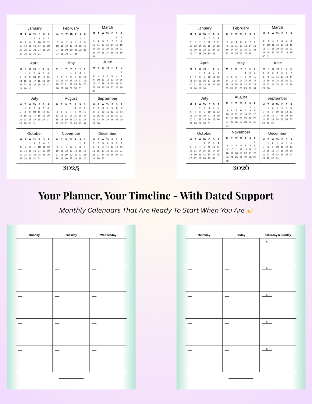 2025 and 2026 yearly overview calendars with matching undated monthly planner layouts shown below, featuring soft gradient design and spacious boxes for flexible scheduling.