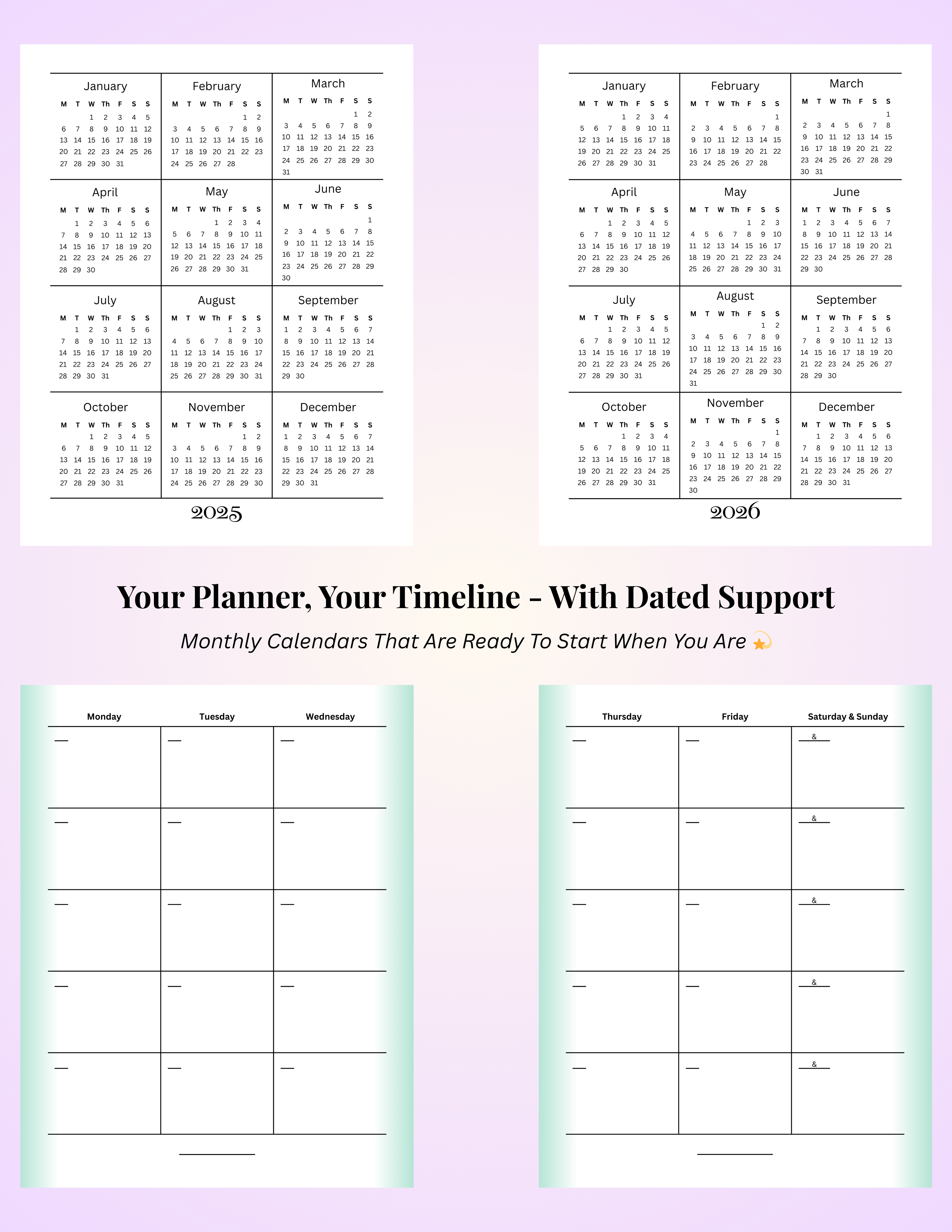 2025 and 2026 yearly overview calendars with matching undated monthly planner layouts shown below, featuring soft gradient design and spacious boxes for flexible scheduling.