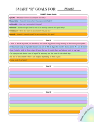 SMART goals worksheet showing colorful ADHD-friendly goal-setting template with sections for specific, measurable, achievable, relevant, time-bound, and reward