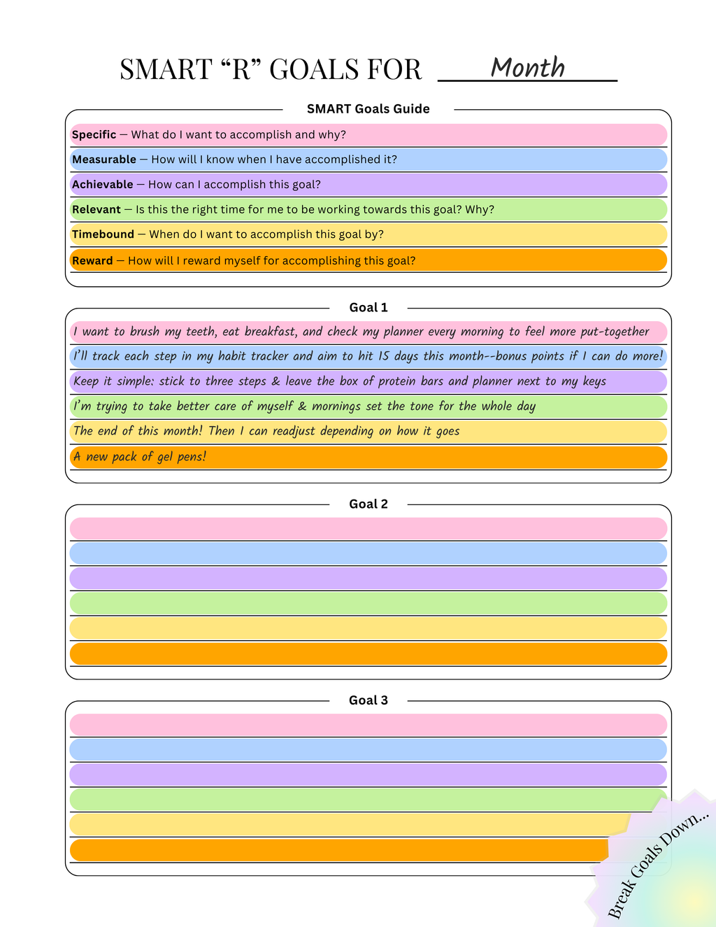 SMART goals worksheet showing colorful ADHD-friendly goal-setting template with sections for specific, measurable, achievable, relevant, time-bound, and reward