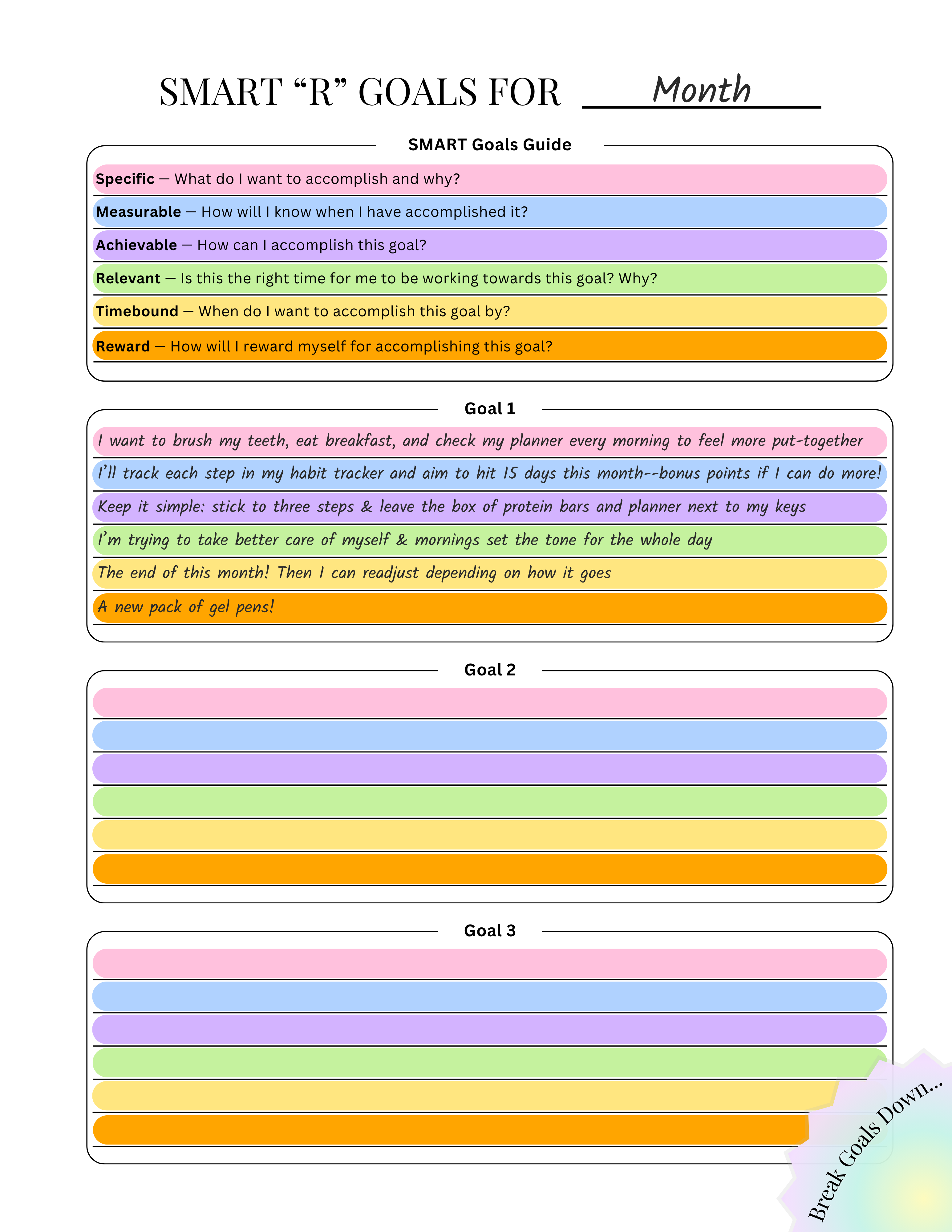SMART goals worksheet showing colorful ADHD-friendly goal-setting template with sections for specific, measurable, achievable, relevant, time-bound, and reward