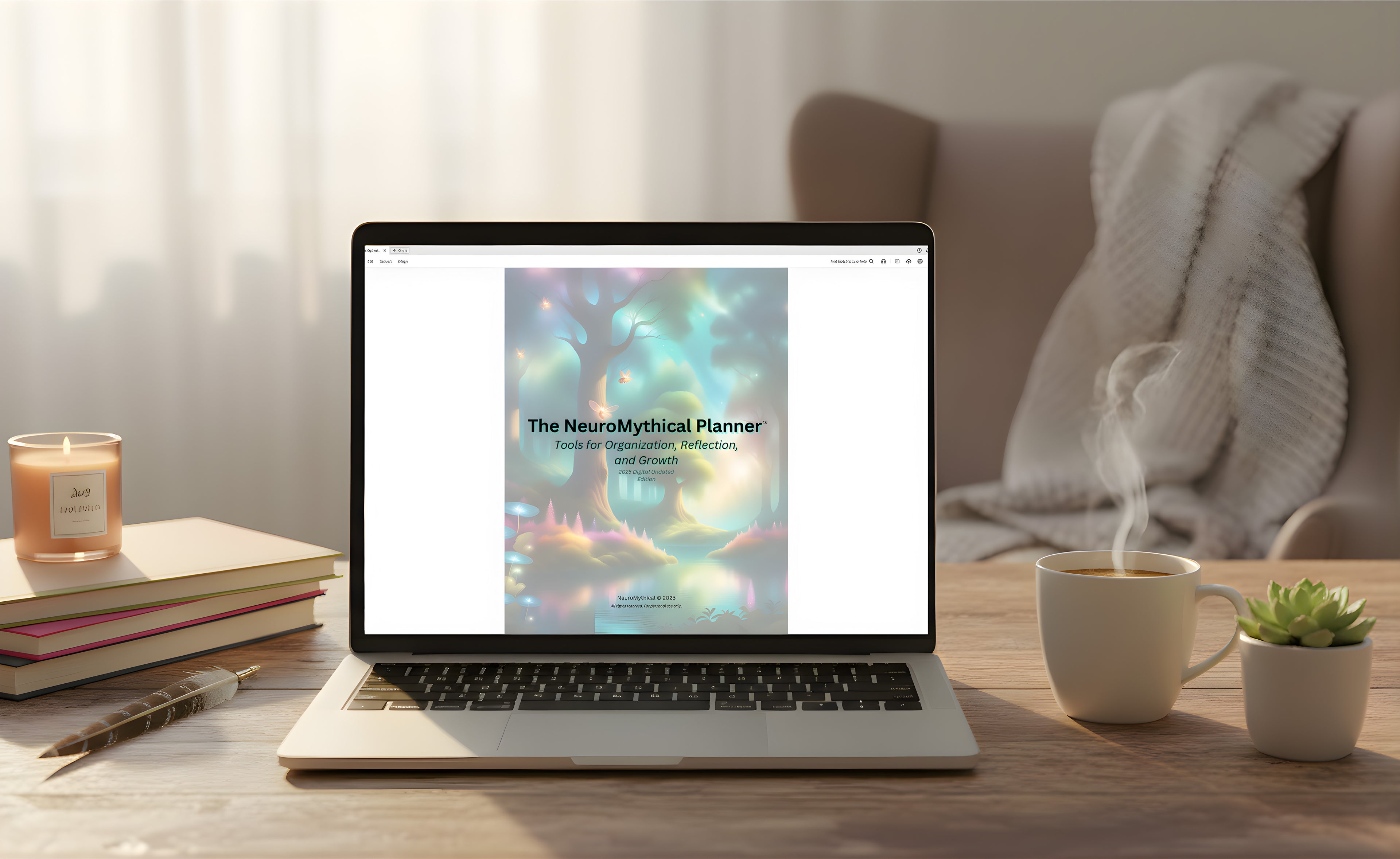 Laptop on a desk with type-in and fillable NeuroMythical Planner displayed, surrounded by books, a candle, and a cup of coffee.