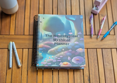 Hardcover spiral-bound NeuroMythical ADHD-friendly planner on a wooden desk with pens and a stapler nearby.