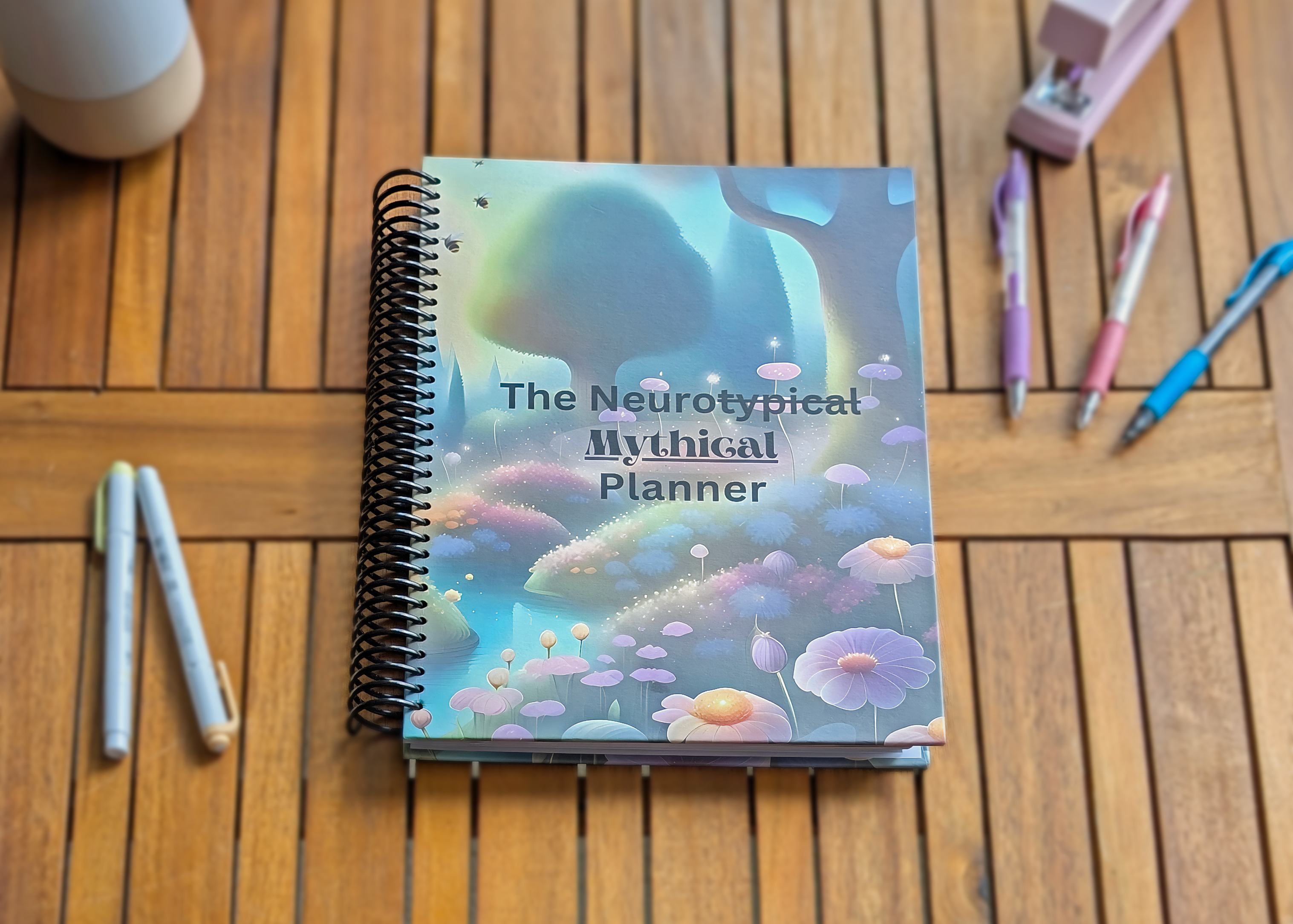Hardcover spiral-bound NeuroMythical ADHD-friendly planner on a wooden desk with pens and a stapler nearby.