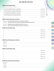 Fillable action plan page with space for obstacles, solutions, and goal-specific target dates.