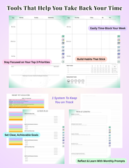 ADHD-friendly digital planner pages showing weekly and monthly layouts, SMART-R goals, and reflection prompts with pastel gradients