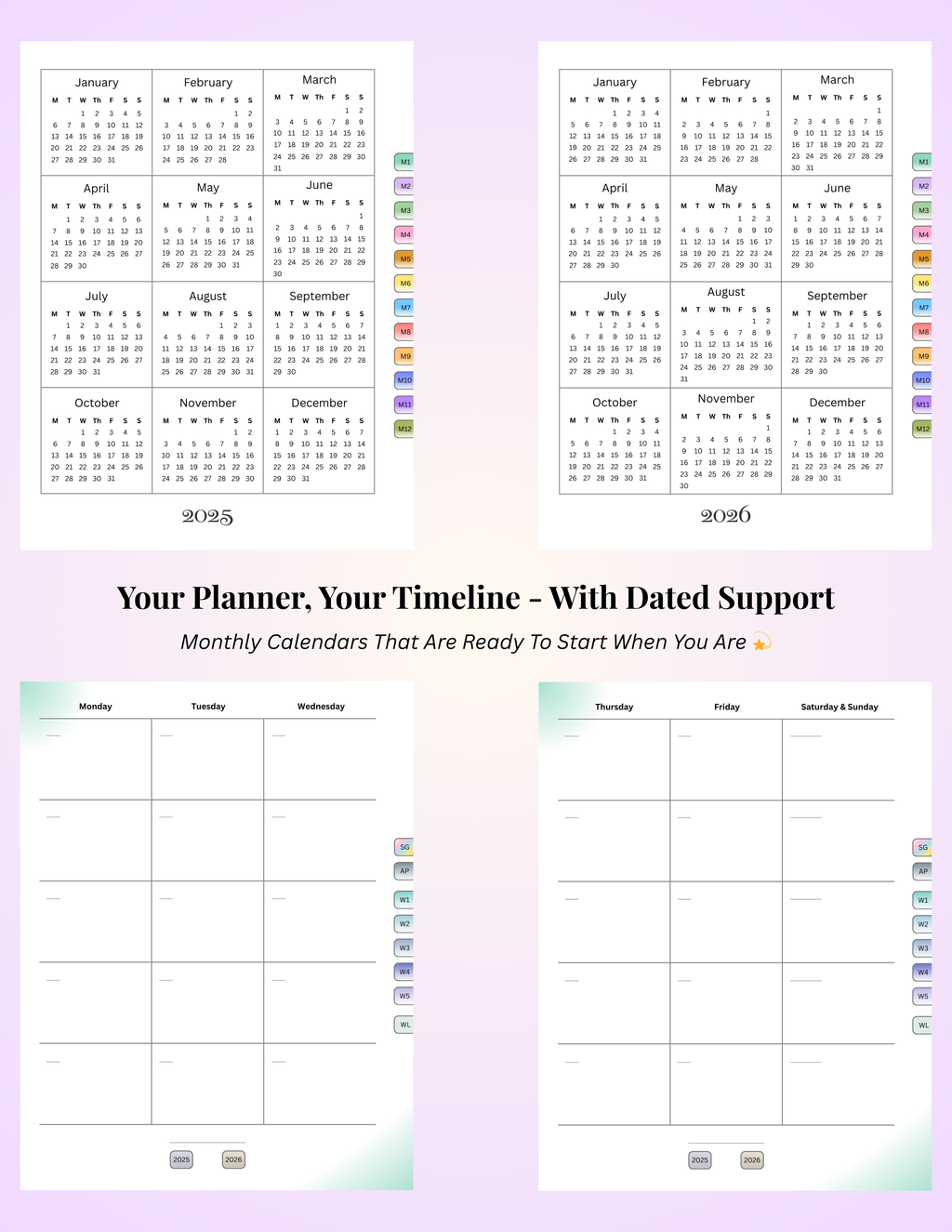 2025 and 2026 calendar pages and undated monthly layouts from the NeuroMythical ADHD-friendly Planner