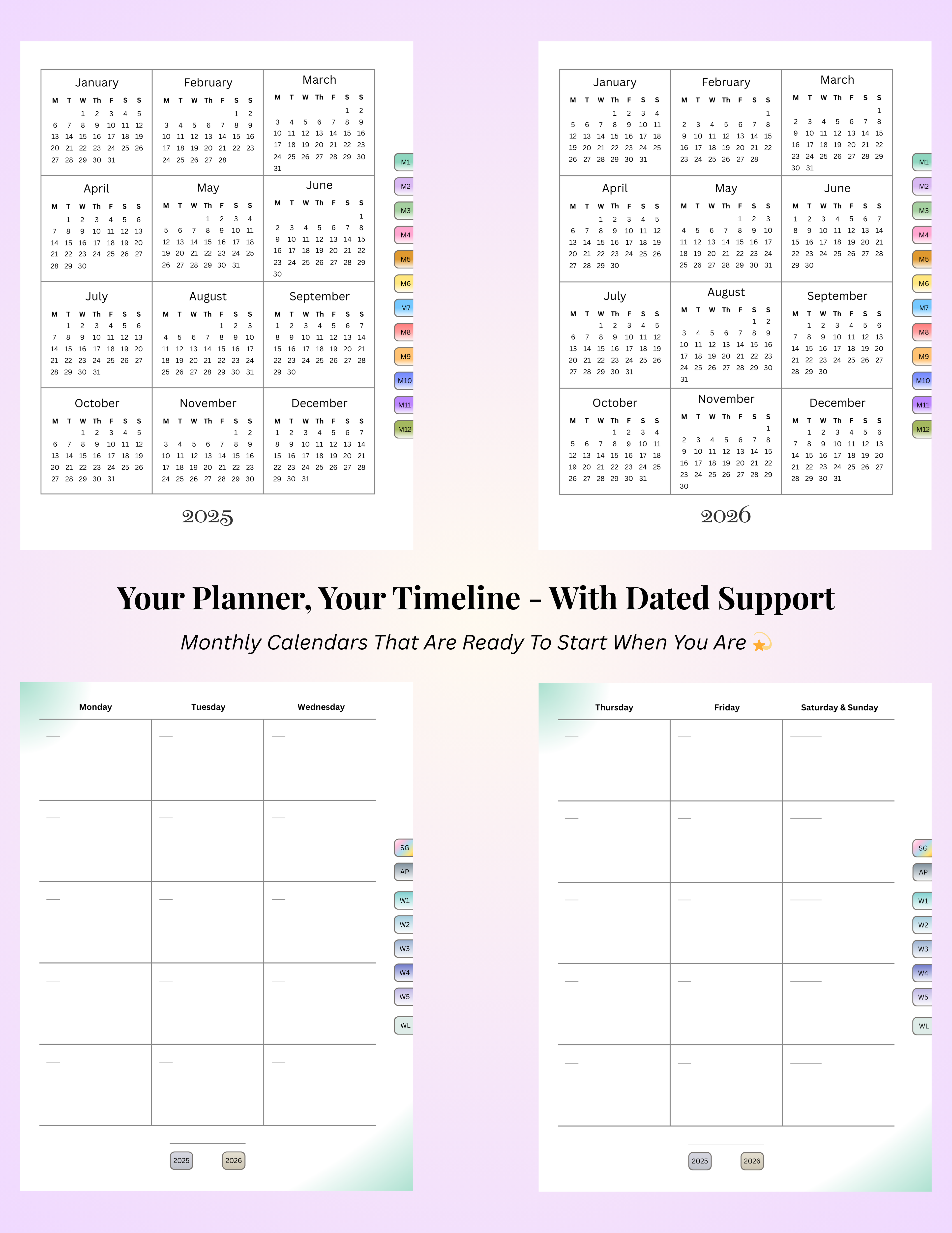 2025 and 2026 calendar pages and undated monthly layouts from the NeuroMythical ADHD-friendly Planner