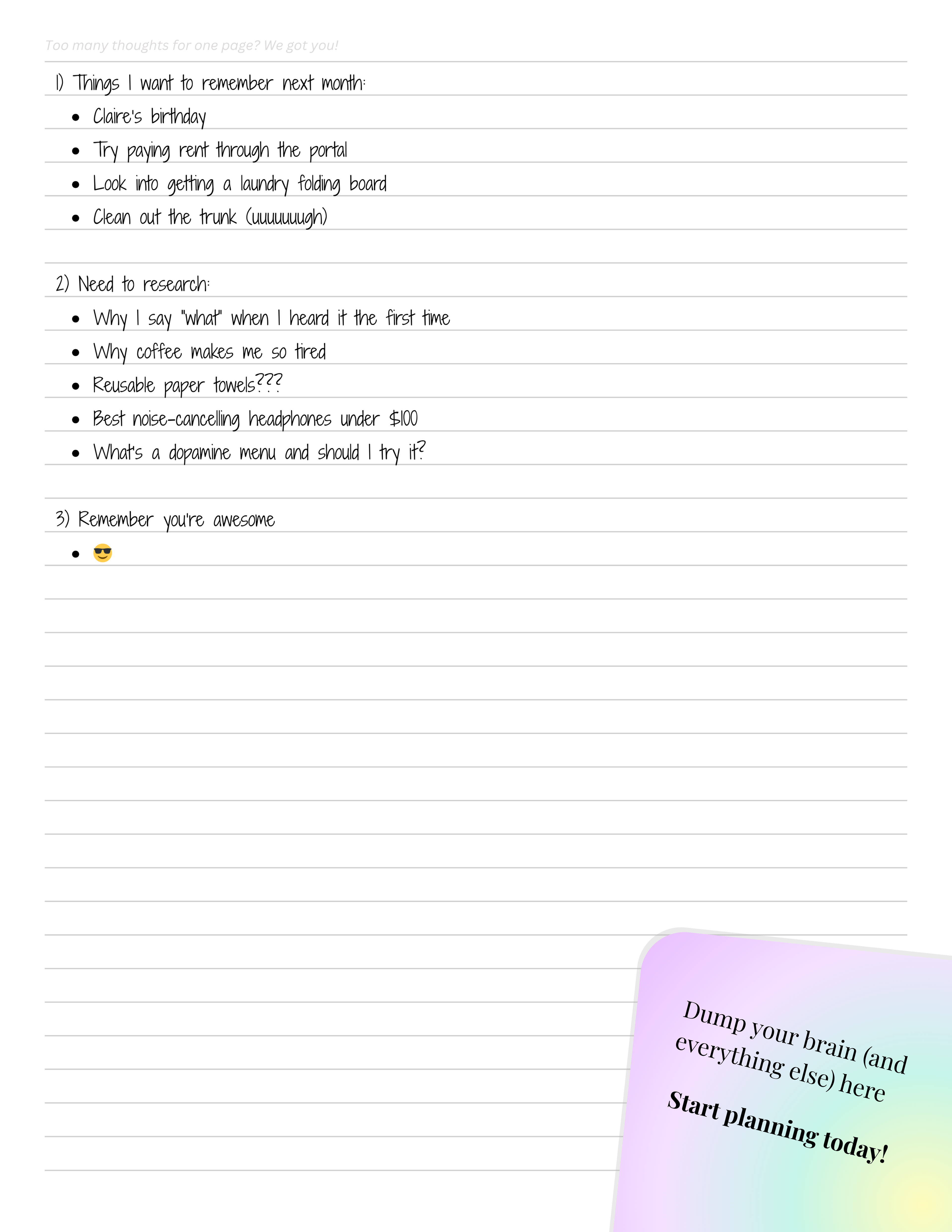 Lined notes page from the NeuroMythical ADHD-friendly Planner with a motivational quote in the corner