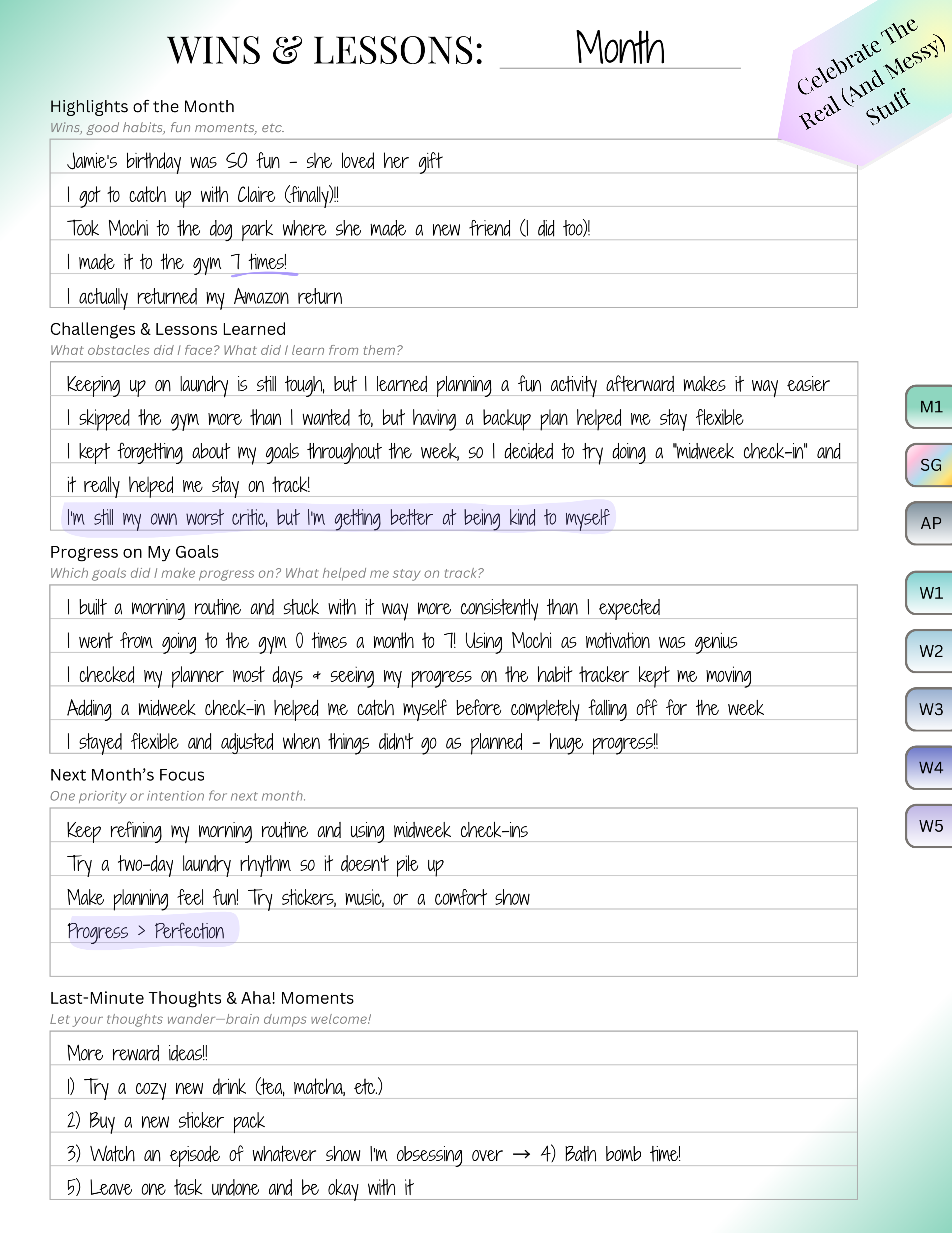 Monthly reflection page highlighting wins, lessons learned, and progress tracking