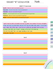 SMART-R goals worksheet with colorful rows for specific, measurable, achievable, relevant, time-bound, and reward sections