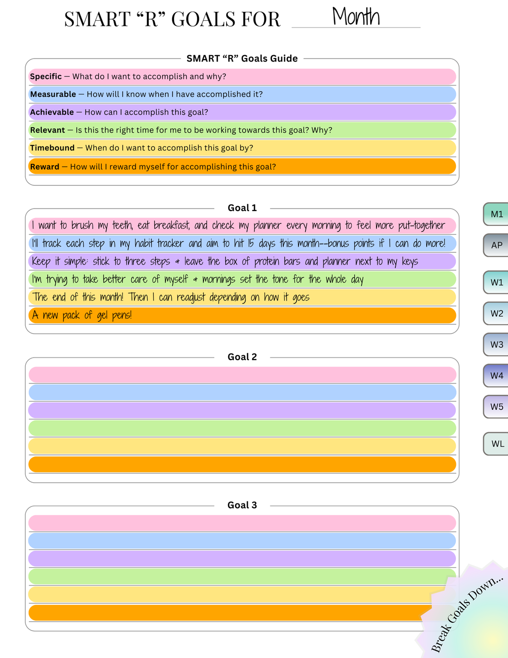 SMART-R goals worksheet with colorful rows for specific, measurable, achievable, relevant, time-bound, and reward sections