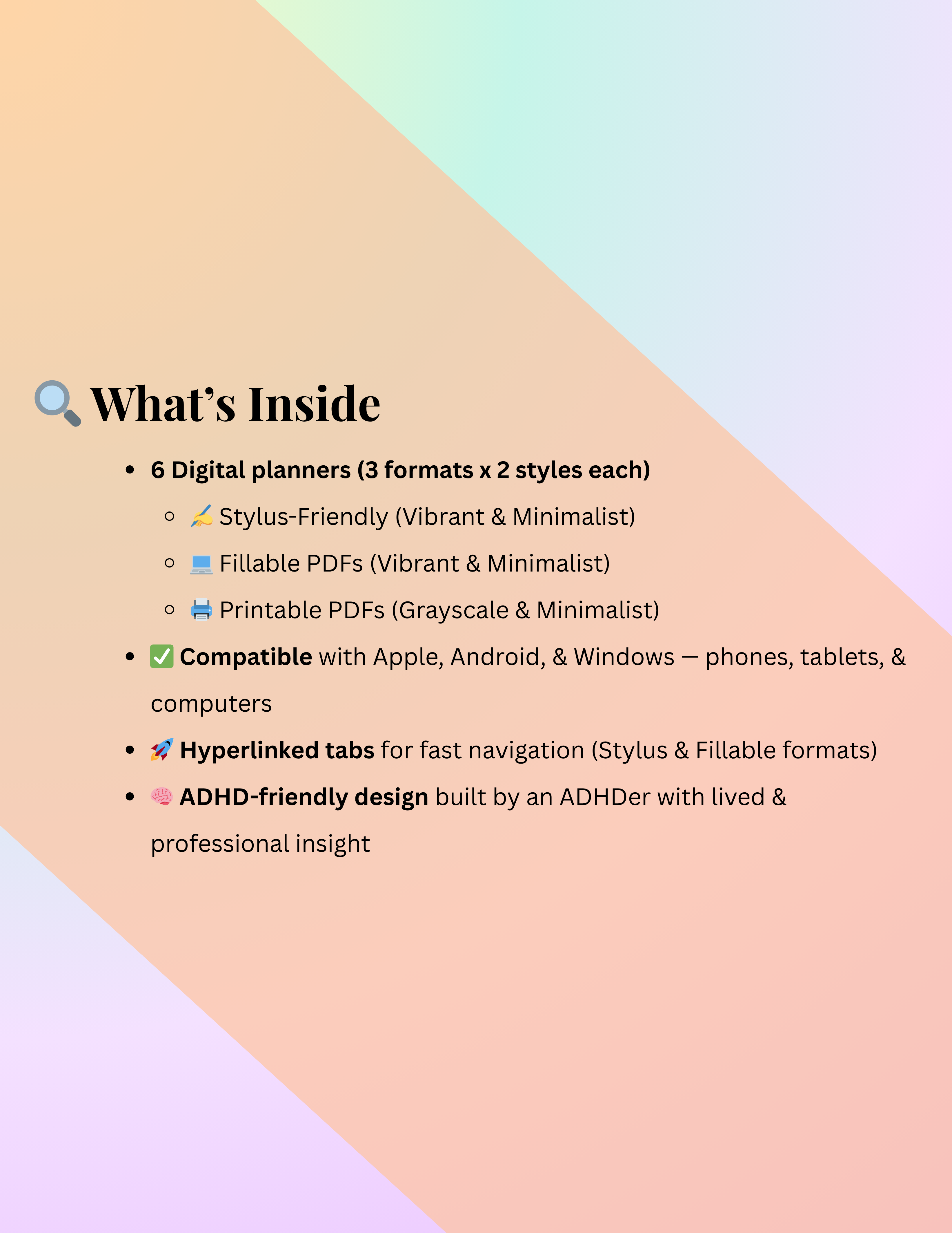 Digital ADHD-friendly planner bundle overview listing six planners across stylus, fillable, and printable formats with hyperlinked tabs, ADHD-friendly design, and multi-device compatibility.