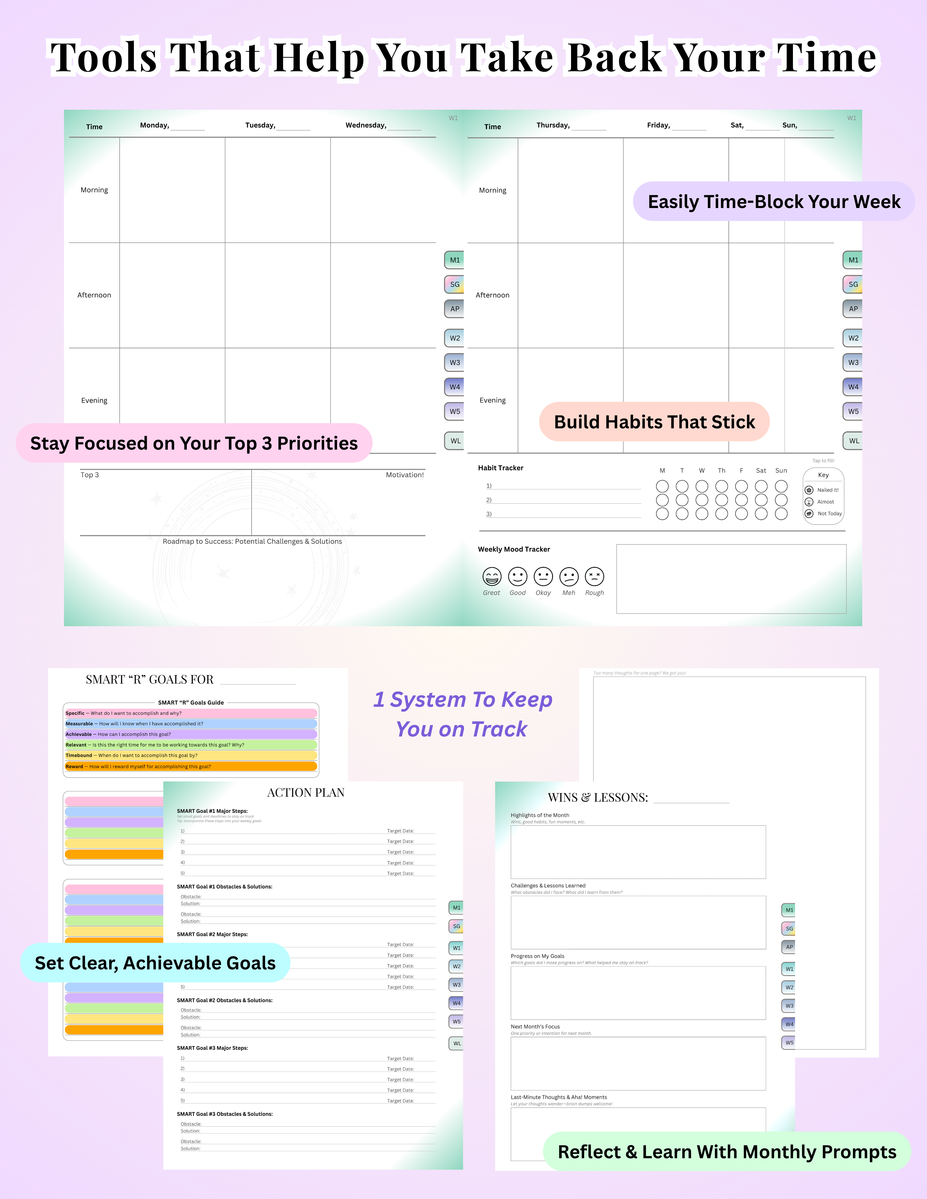 ADHD-friendly digital planner with weekly, goal, and reflection templates — supports typing, tabbing, and easy navigation.