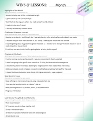 Monthly reflection page to record wins, lessons learned, and progress with kindness and curiosity.
