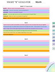 SMART-R goals template with colorful sections for setting, tracking, and rewarding personal ADHD-friendly goals.