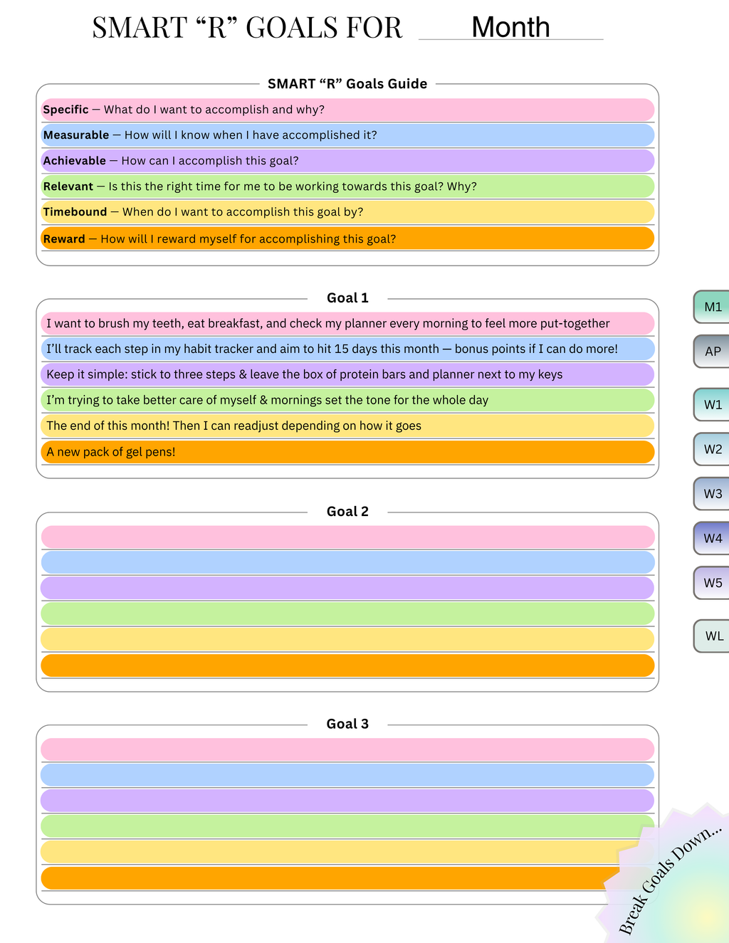 SMART-R goals template with colorful sections for setting, tracking, and rewarding personal ADHD-friendly goals.