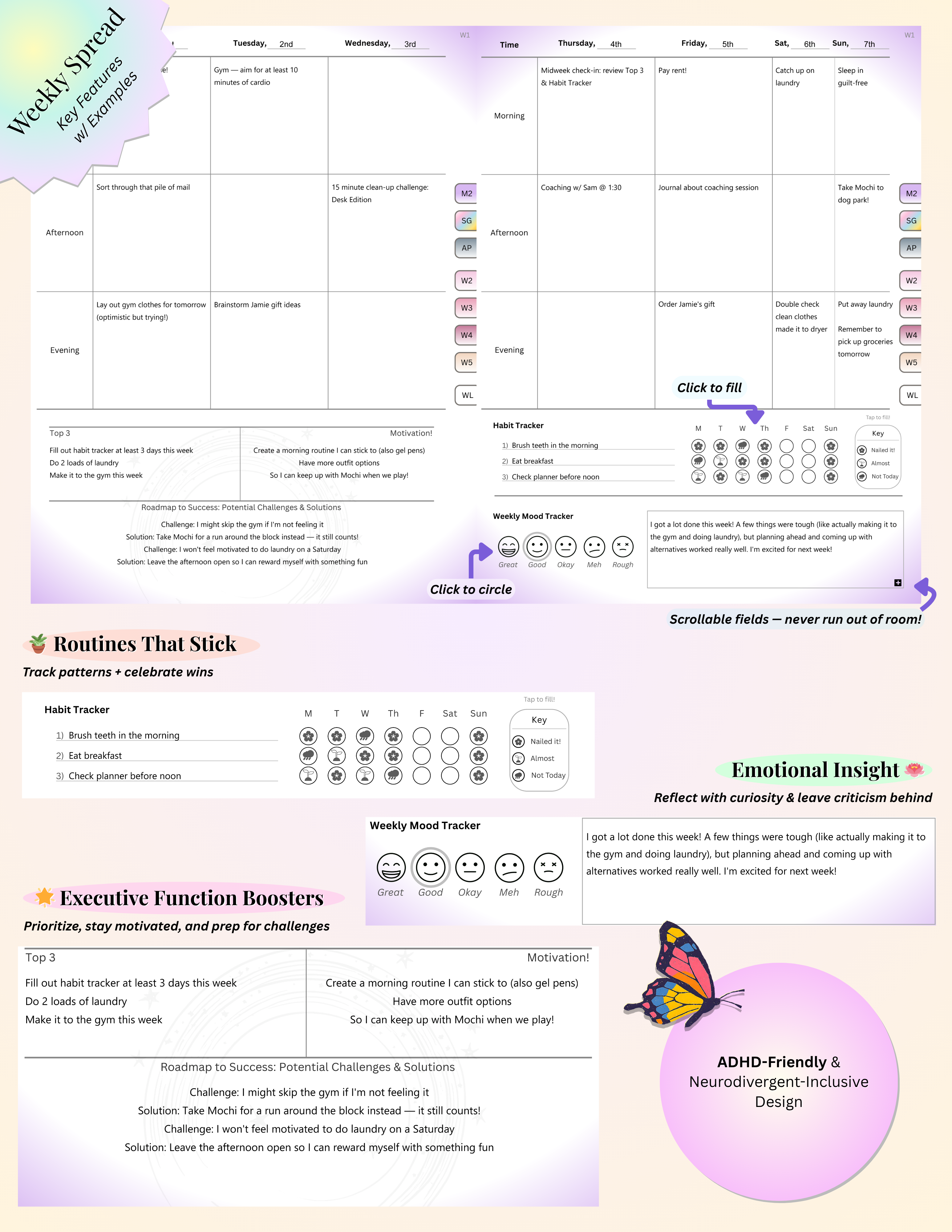 Fillable weekly ADHD-friendly planner showing time-blocking, habit tracker, and mood tracker with clickable fields.