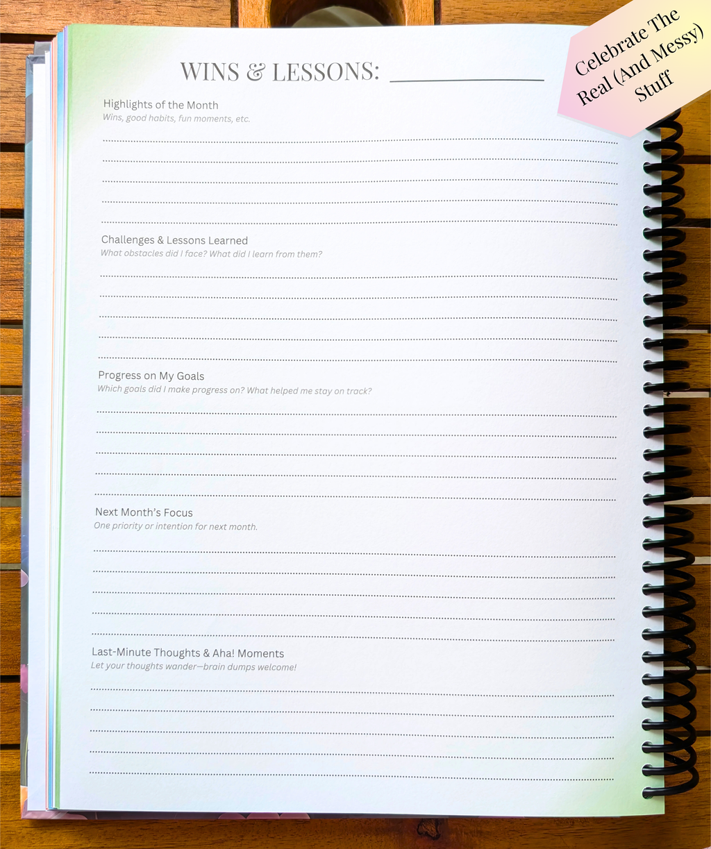 Wins & Lessons planner page for monthly reflection, featuring sections for highlights, challenges, progress, next month’s focus, and final thoughts with the phrase ‘Celebrate the Real (and Messy) Stuff.’