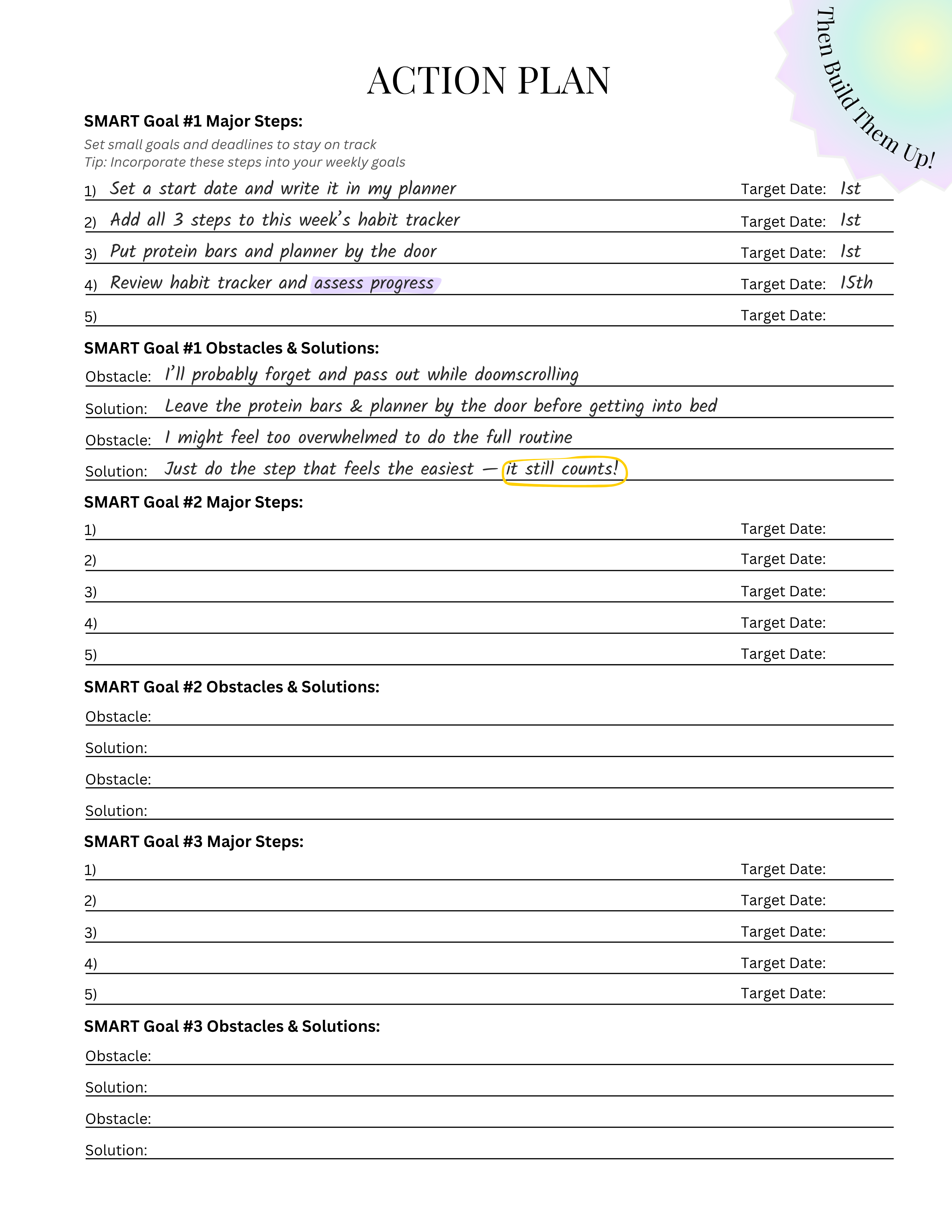 Printable ADHD-friendly planner action plan page with sections for breaking down goals, identifying obstacles, and adding solutions