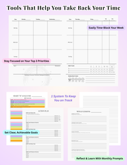 Collage of ADHD-friendly planner pages showing weekly layouts, SMART-R goals, and reflection templates labeled with planner features