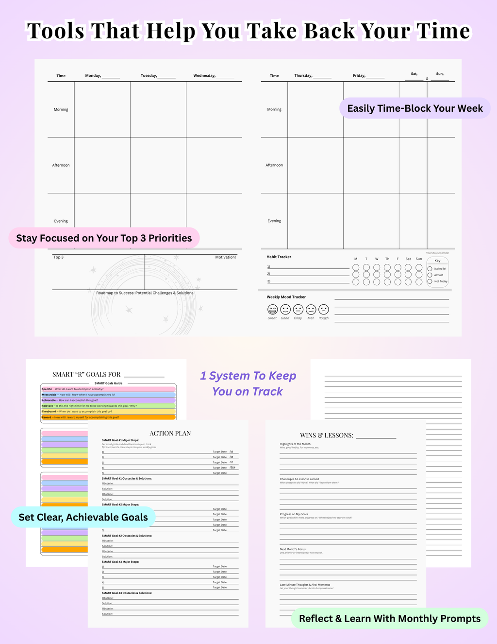 Collage of ADHD-friendly planner pages showing weekly layouts, SMART-R goals, and reflection templates labeled with planner features