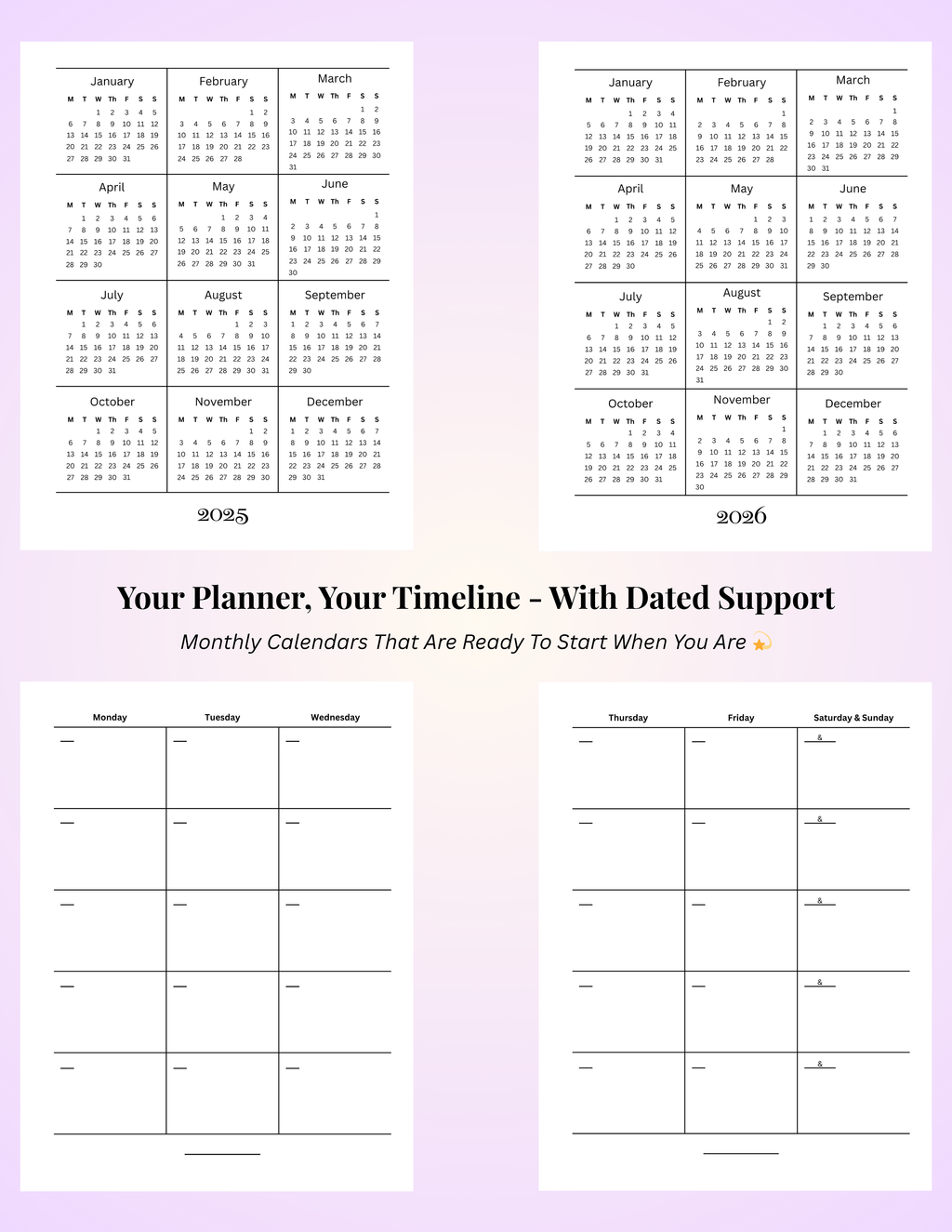 2025 and 2026 calendars and undated monthly planner pages from the NeuroMythical ADHD-friendly Printable Planner
