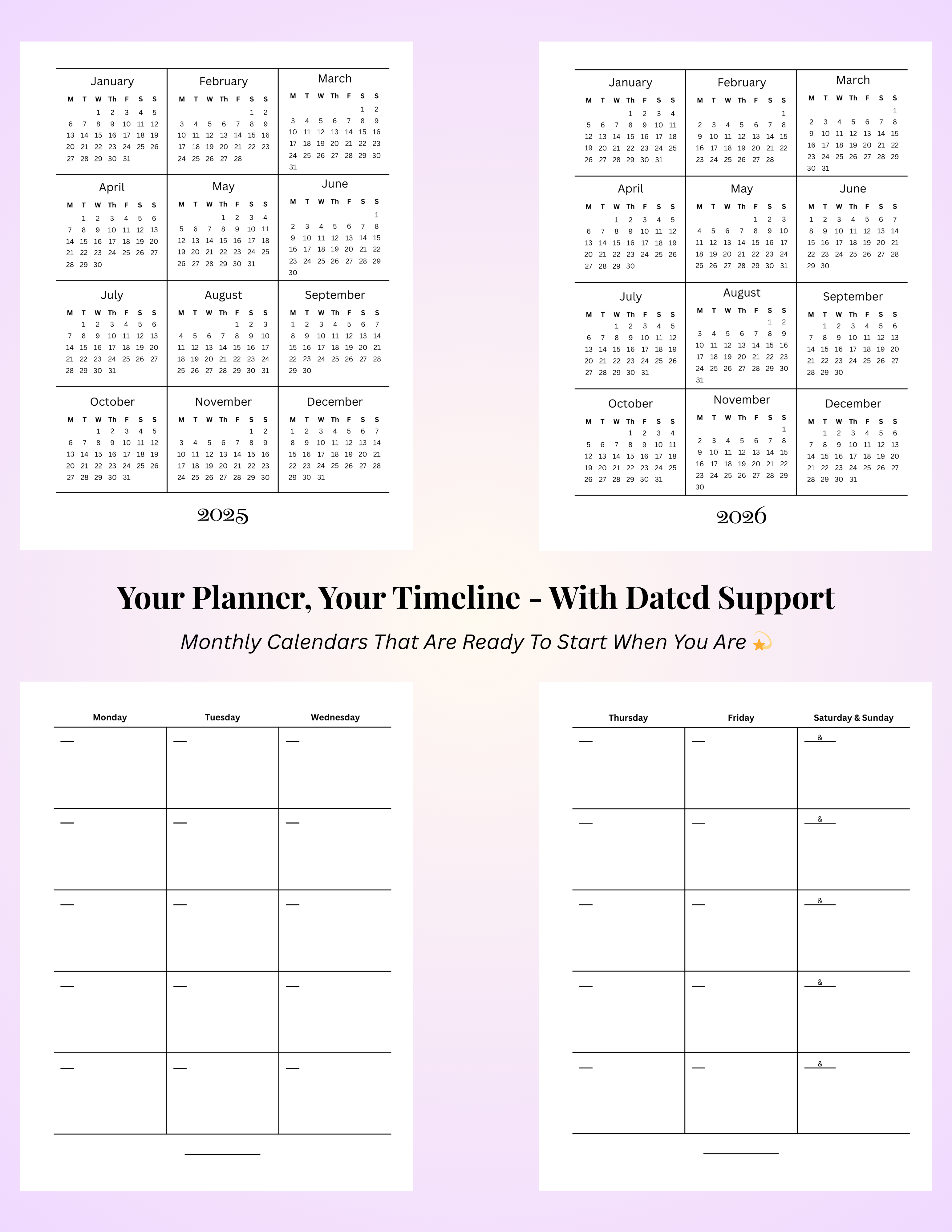 2025 and 2026 calendars and undated monthly planner pages from the NeuroMythical ADHD-friendly Printable Planner