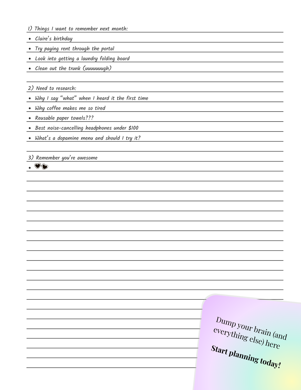 Lined notes page from the NeuroMythical Printable Planner with pastel corner text that says “Dump your brain and start planning today”