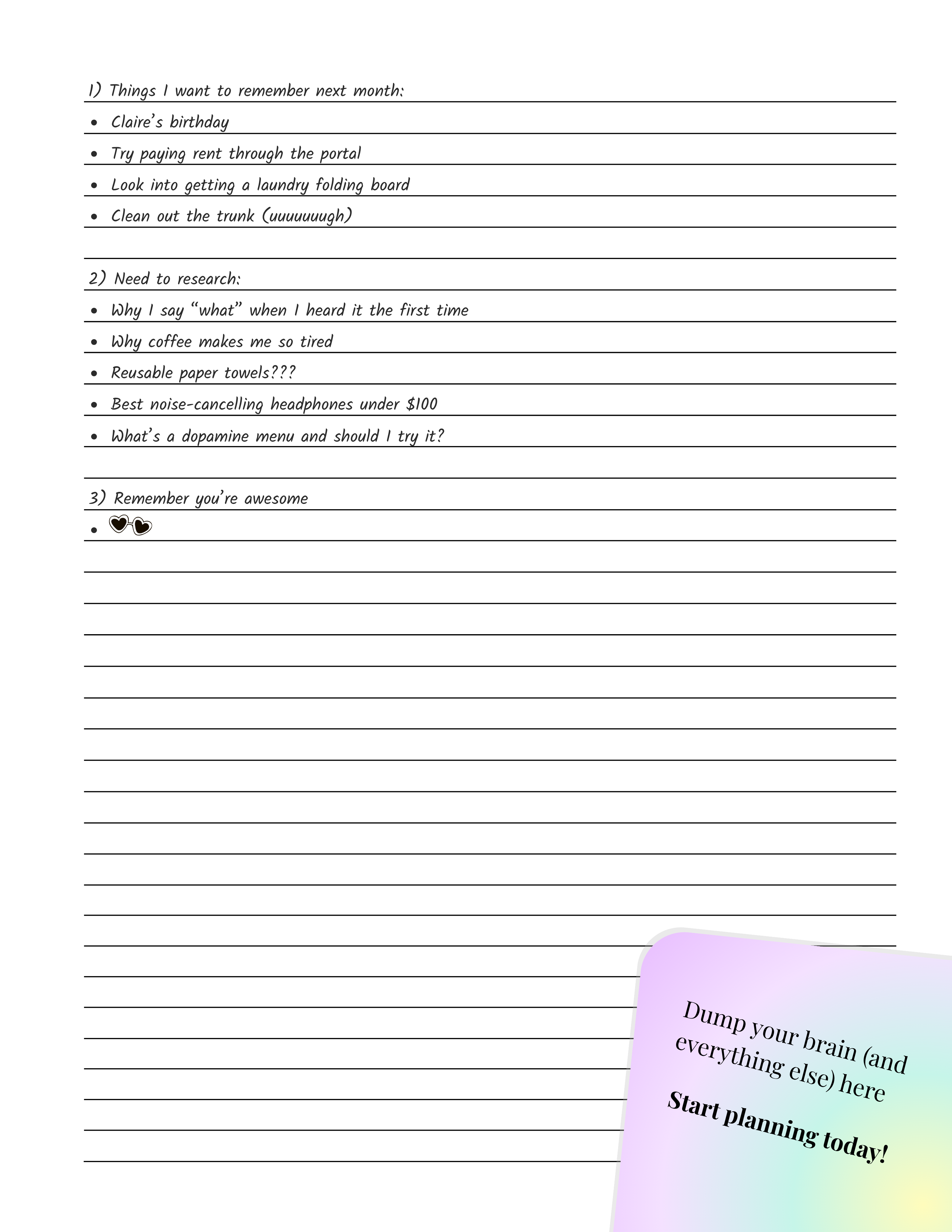 Lined notes page from the NeuroMythical Printable Planner with pastel corner text that says “Dump your brain and start planning today”