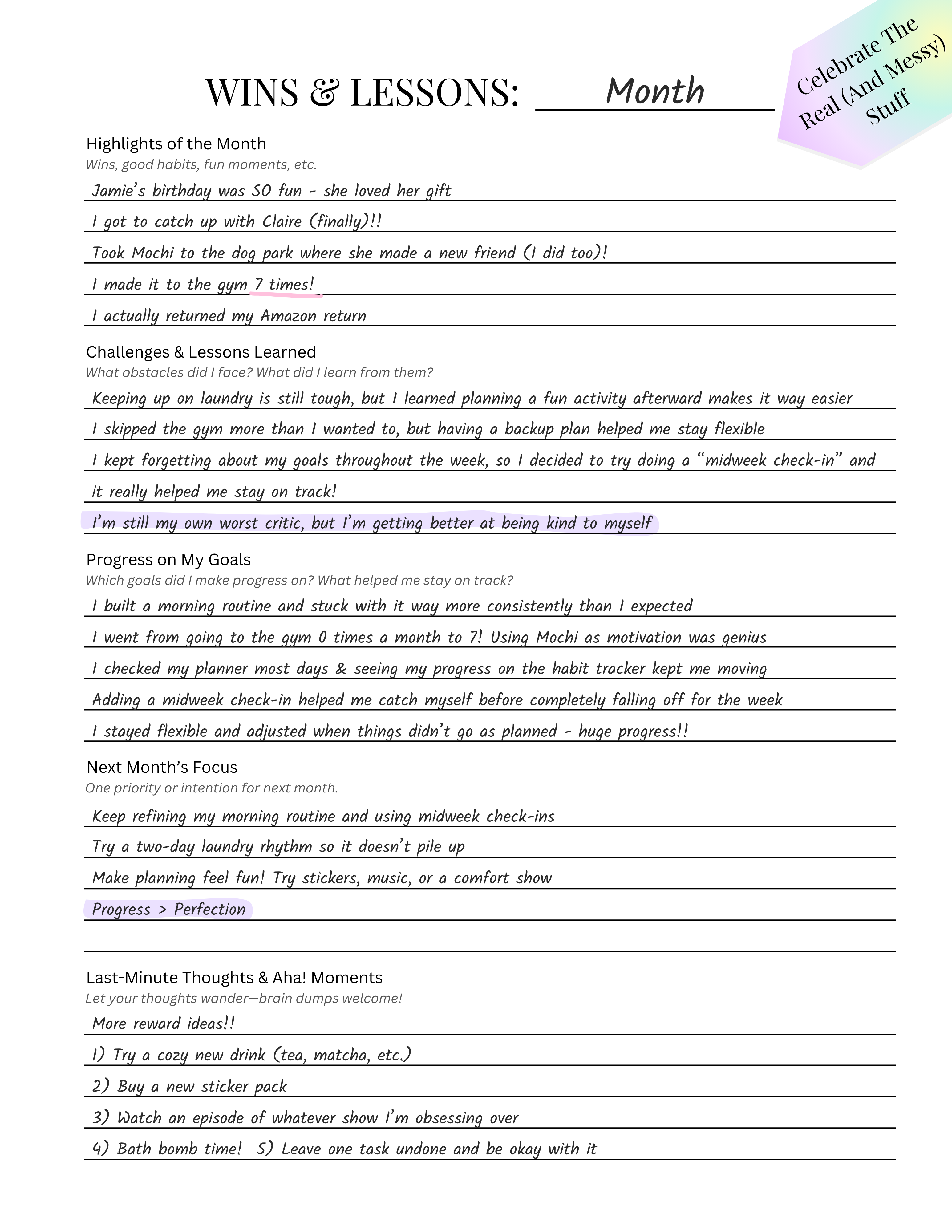 ADHD-friendly reflection page titled “Wins & Lessons” for tracking progress, lessons learned, and next month’s focus