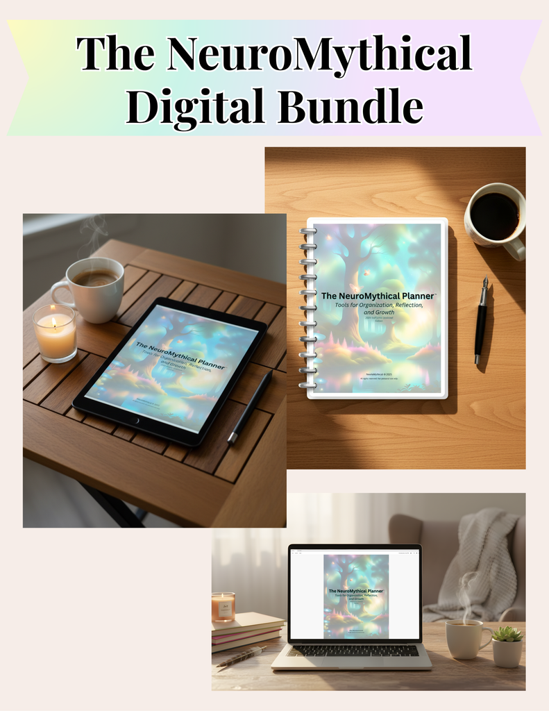 Collage of ADHD-friendly digital planners (Stylus-Ready, Fillable, Type-in, Printable) on desks next to coffee mugs. 