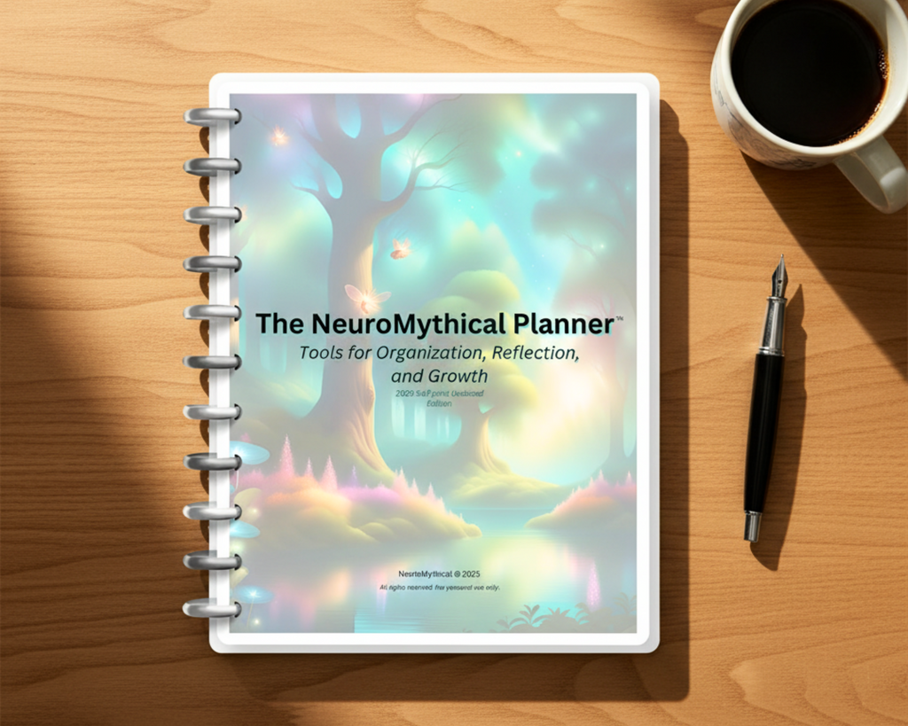 NeuroMythical Printable Planner on a wooden surface with a cup of coffee and pen