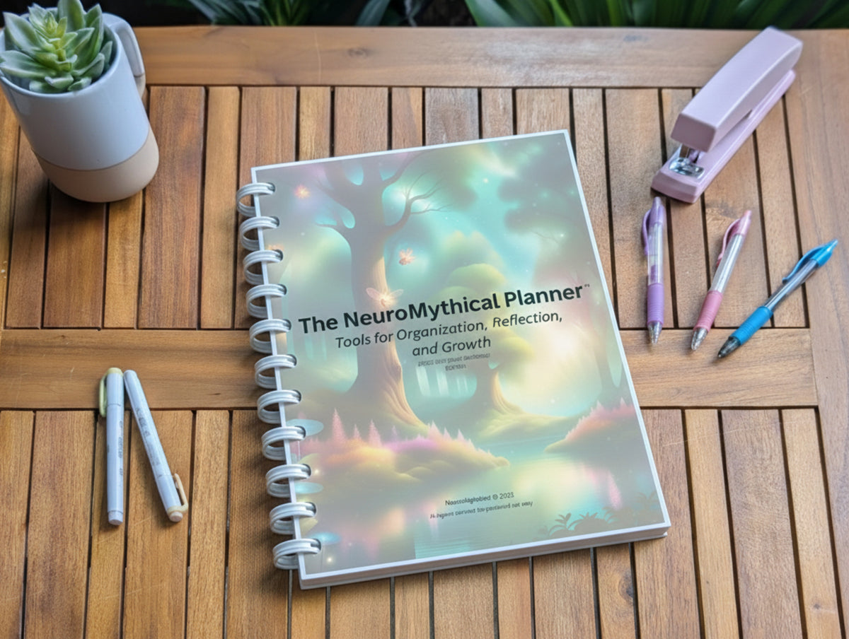 NeuroMythical ADHD-friendly Printable Planner on a wooden surface with a cup, pens, and highlighters