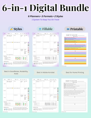 6-in-1 Digital Planner Bundle showing Stylus, Fillable, and Printable formats in both color and greyscale.