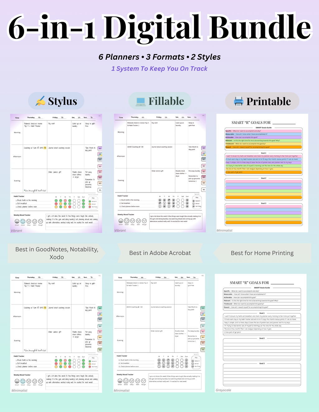 6-in-1 Digital Planner Bundle showing Stylus, Fillable, and Printable formats in both color and greyscale.