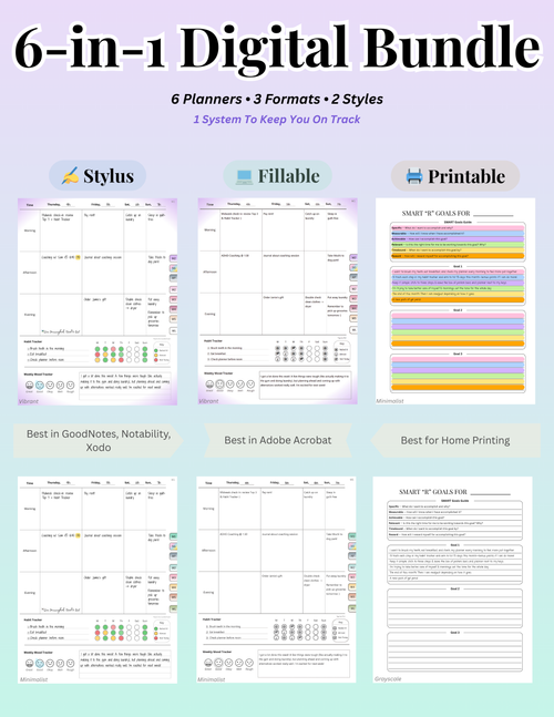 6-in-1 Digital Planner Bundle showing Stylus, Fillable, and Printable formats in both color and greyscale.