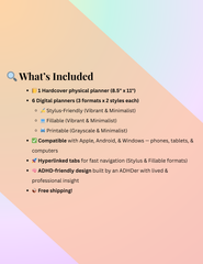What’s Included’ infographic listing details of The NeuroMythical Planner Complete Bundle, including one hardcover physical planner, six digital planners in three formats and two styles, device compatibility, hyperlinked tabs, ADHD-friendly design, and free shipping, on a pastel gradient background.