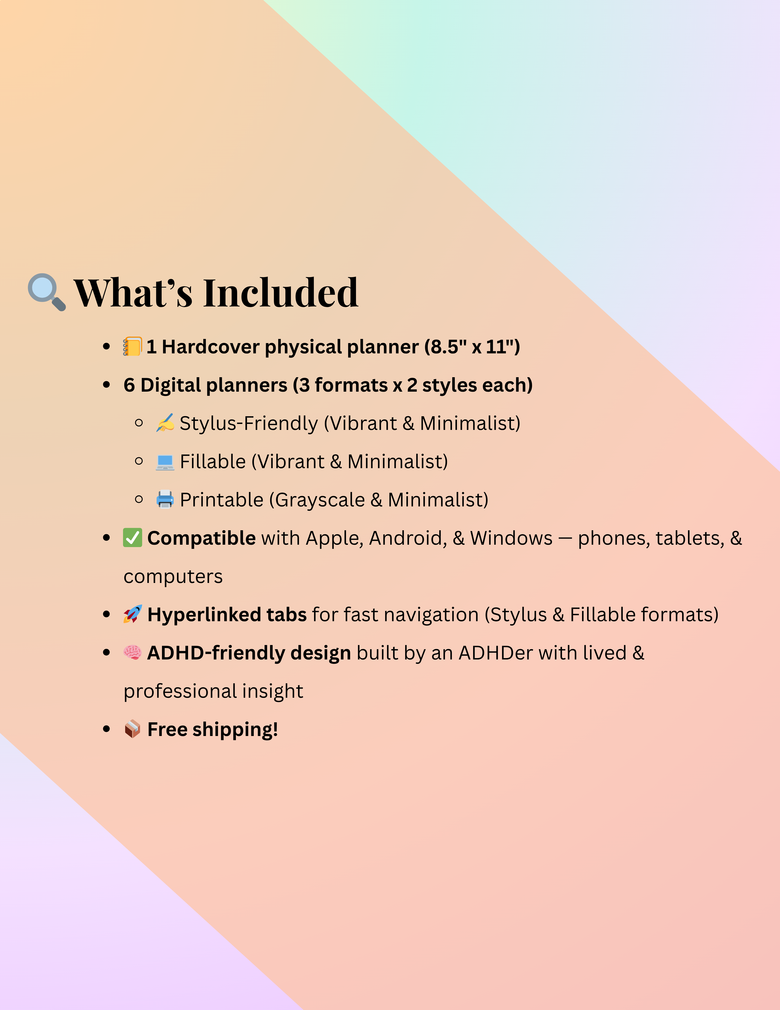 What’s Included’ infographic listing details of The NeuroMythical Planner Complete Bundle, including one hardcover physical planner, six digital planners in three formats and two styles, device compatibility, hyperlinked tabs, ADHD-friendly design, and free shipping, on a pastel gradient background.