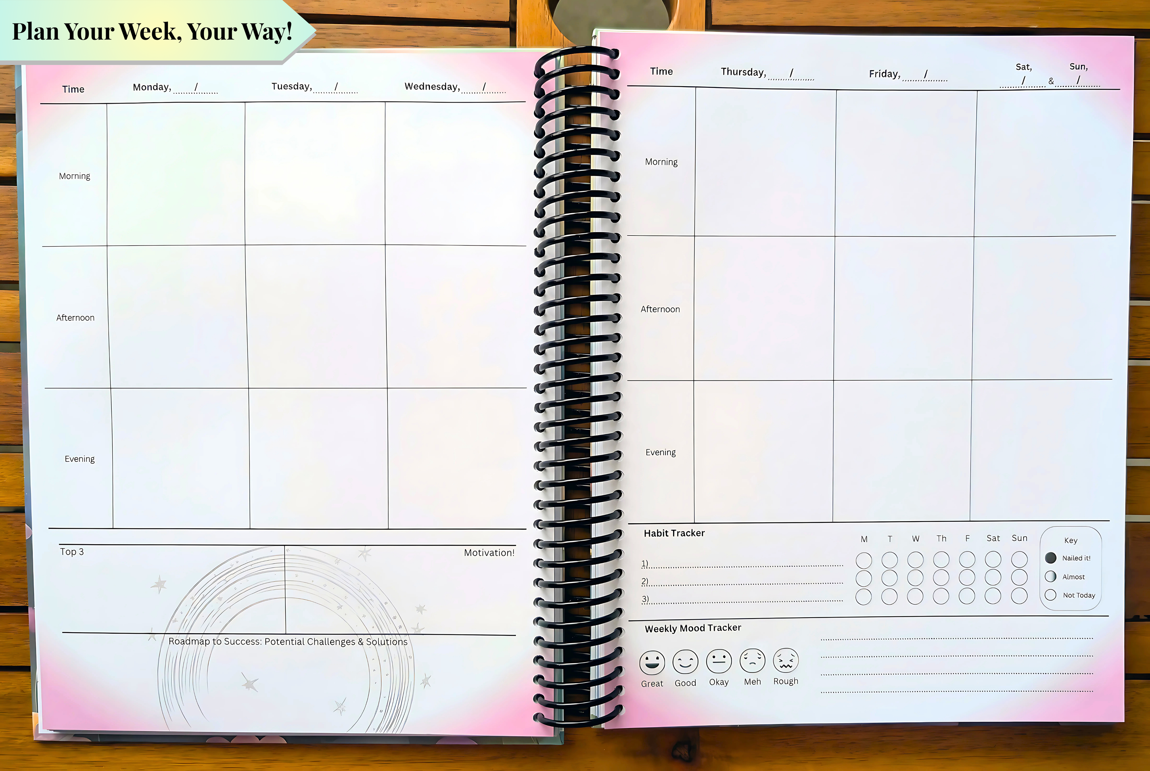 Open NeuroMythical Planner showing the weekly spread with sections for morning, afternoon, and evening planning, a Top 3 priorities area, habit tracker, and weekly mood tracker.