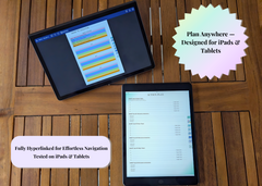 One tablet and one iPad on a wooden table displaying digital planner pages — the tablet showing the SMART ‘R’ Goals layout and the iPad showing the Action Plan page. Text callouts read ‘Plan Anywhere — Designed for iPads & Tablets’ and ‘Fully Hyperlinked for Effortless Navigation, Tested on iPads & Tablets.’
