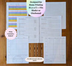 Printed planner pages laid out on a wooden table, showing SMART goals, action plan, and weekly layouts from the NeuroMythical Printable Planner