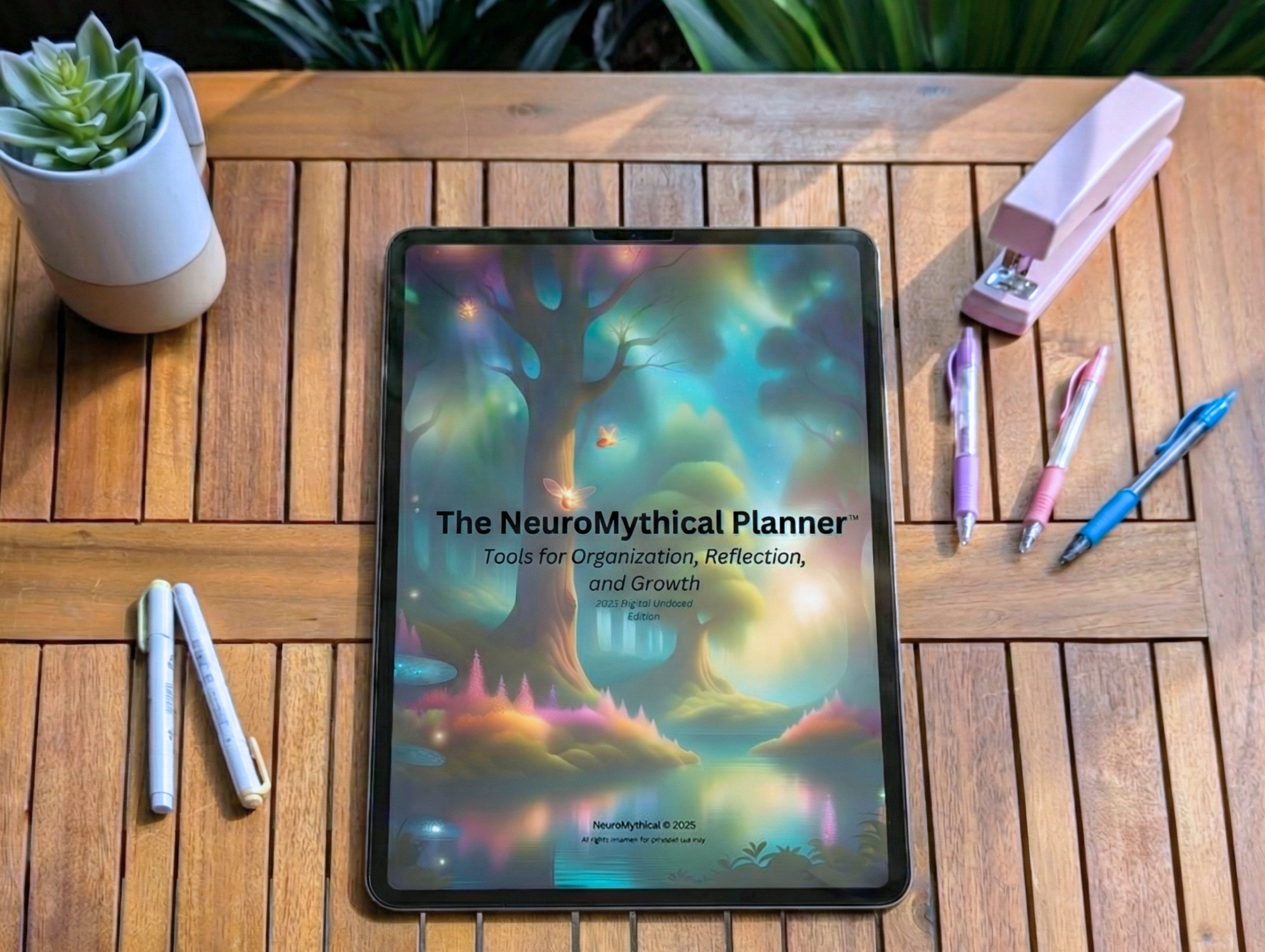 Tablet or iPad displaying The NeuroMythical ADHD-friendly Stylus-Ready Planner. Compatible with Goodnotes, Xodo, Notability.