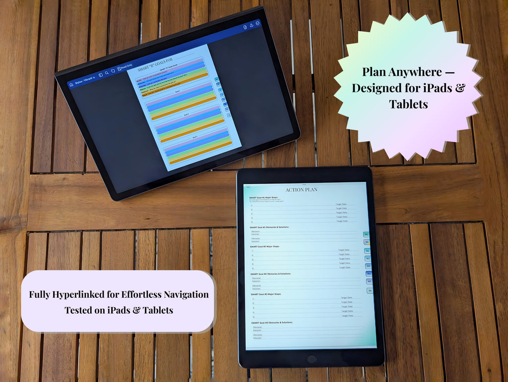 One tablet and one iPad on a wooden table displaying digital planner pages — the tablet showing the SMART ‘R’ Goals layout and the iPad showing the Action Plan page. Text callouts read ‘Plan Anywhere — Designed for iPads & Tablets’ and ‘Fully Hyperlinked for Effortless Navigation, Tested on iPads & Tablets.’