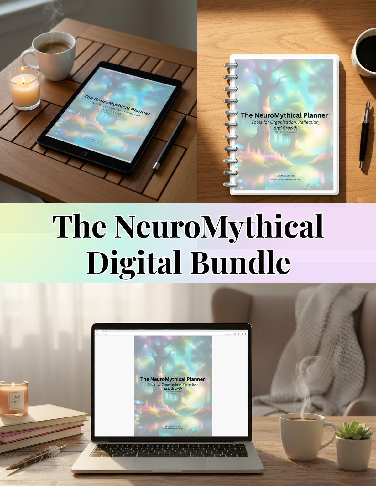 Collage of ADHD-friendly digital planners (Stylus-Ready, Fillable, Type-in, Printable) on desks next to coffee mugs. 