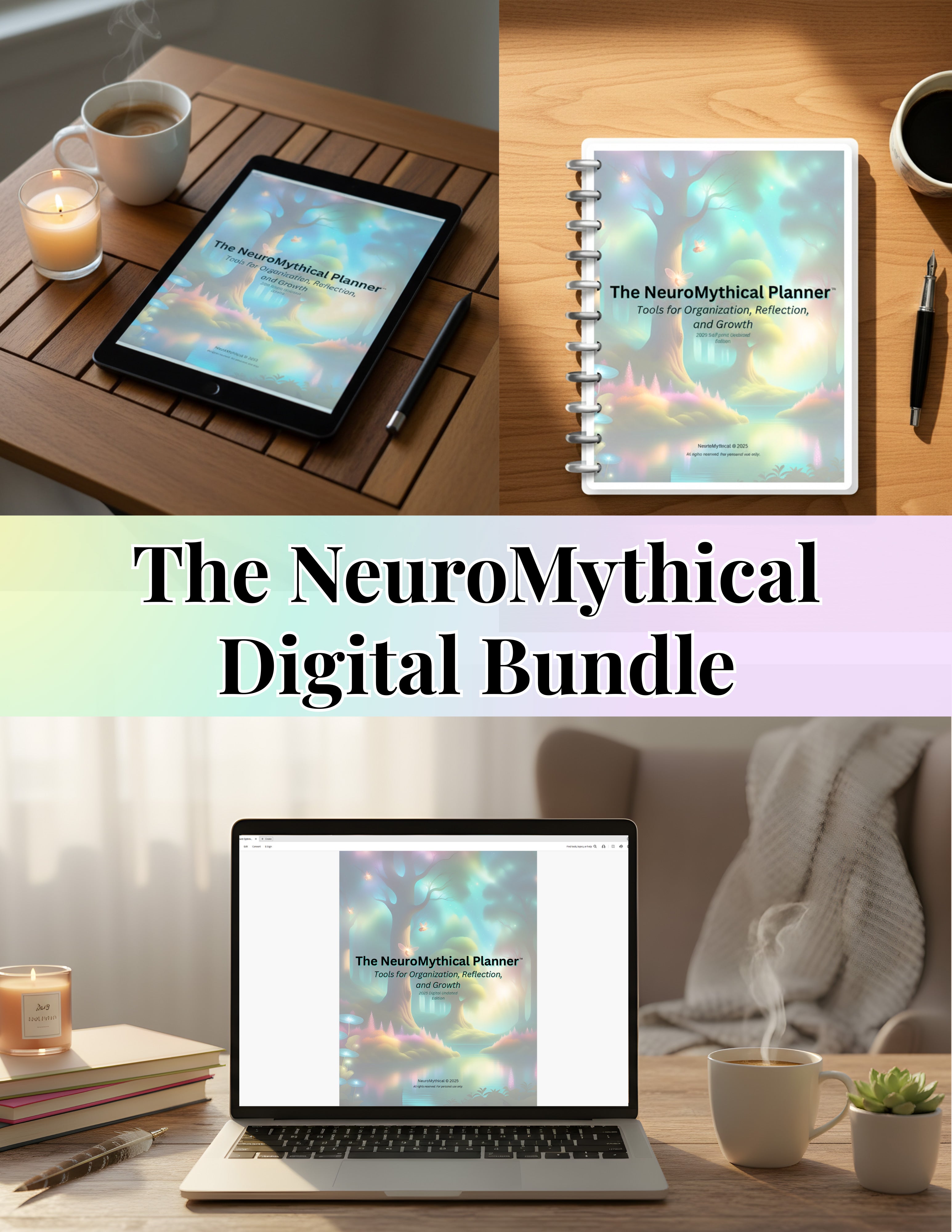 Collage of ADHD-friendly digital planners (Stylus-Ready, Fillable, Type-in, Printable) on desks next to coffee mugs. 