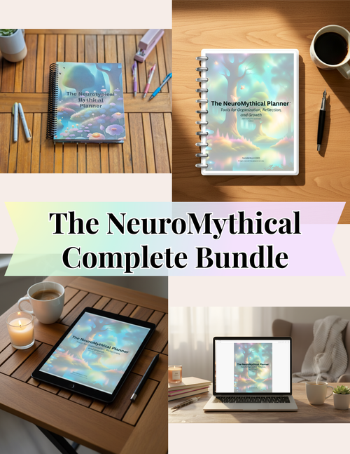 Collage of 'The NeuroMythical Complete Bundle' with planners, tablets, and laptops on a wooden surface.