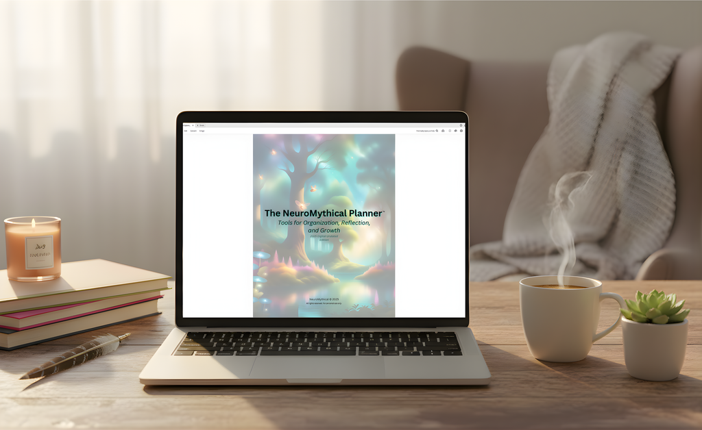 Laptop on a desk with type-in and fillable NeuroMythical Planner displayed, surrounded by books, a candle, and a cup of coffee.