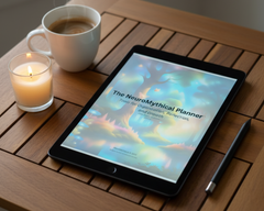 Tablet or iPad displaying The NeuroMythical Stylus-Ready Planner on a wooden table with a cup of coffee and candle.